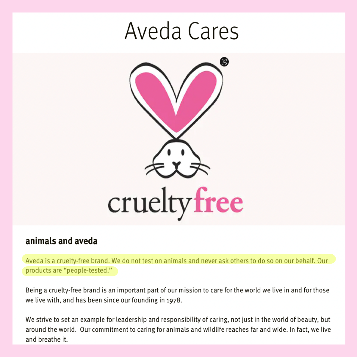 AVEDA cruelty-free website statement