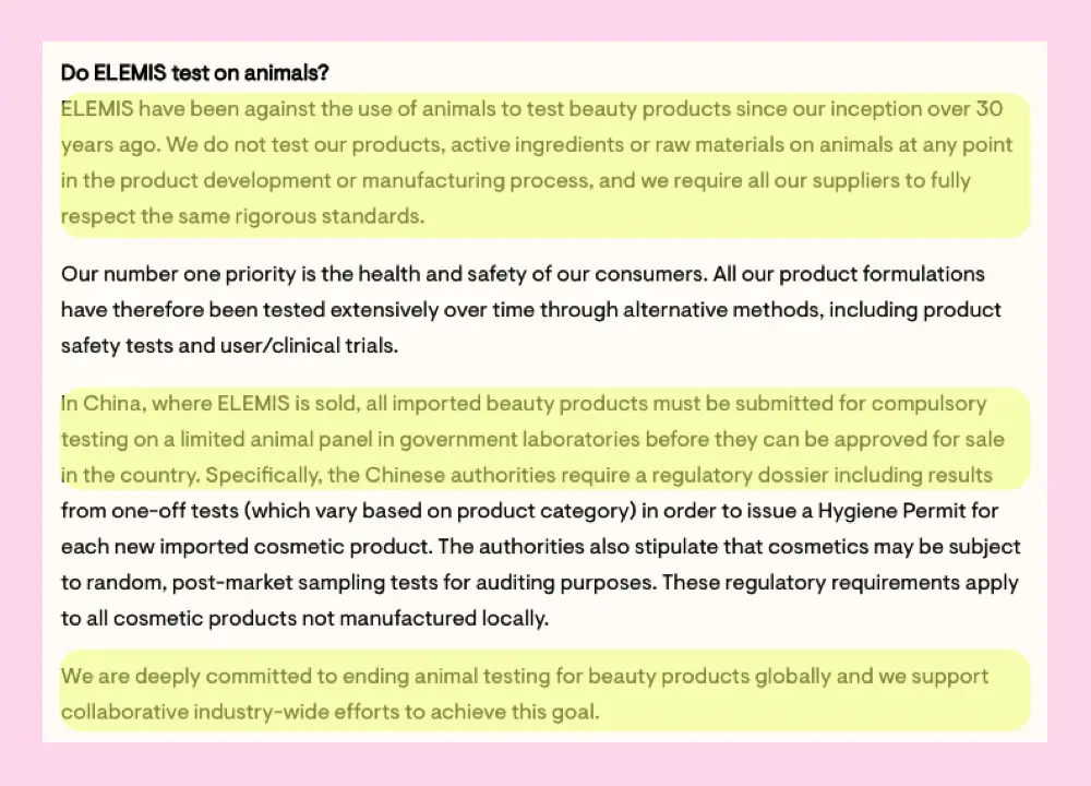 Website statement from Elemis on Cruelty-Free Policy