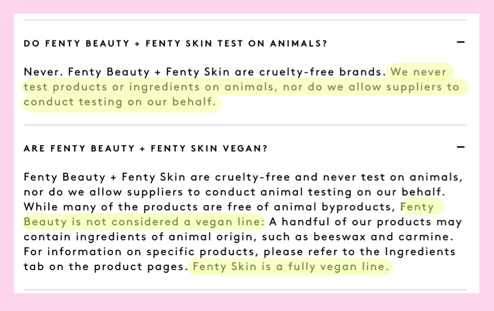 Fenty Cruelty-Free and Vegan Website Claim