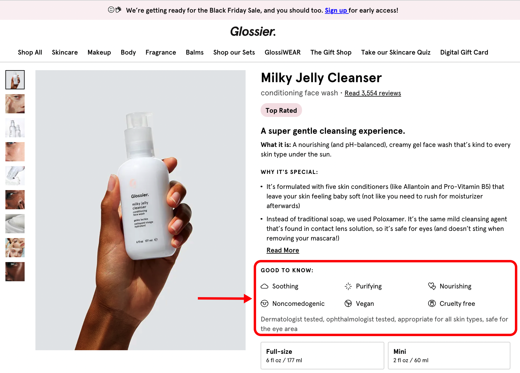 Glossier Good to Know Claims on Website Products