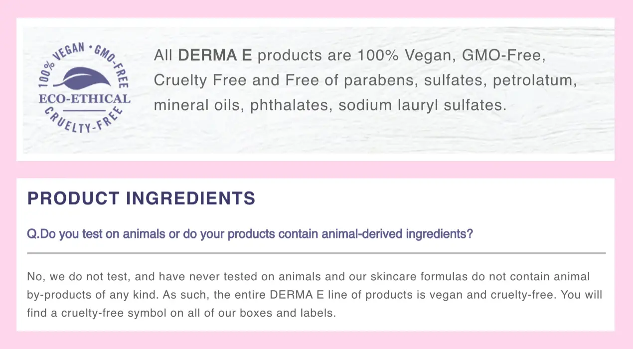 Derma E Cruelty-Free and Vegan website claim 