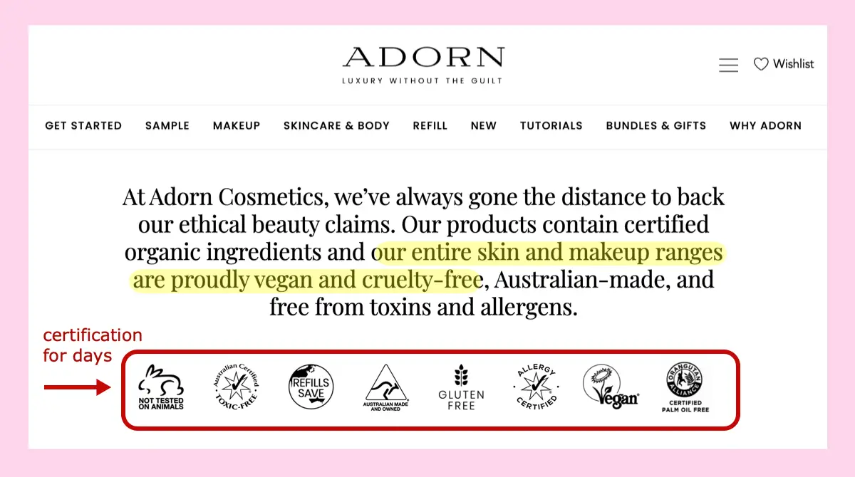 Adorn Cosmetics cruelty-free website claim 