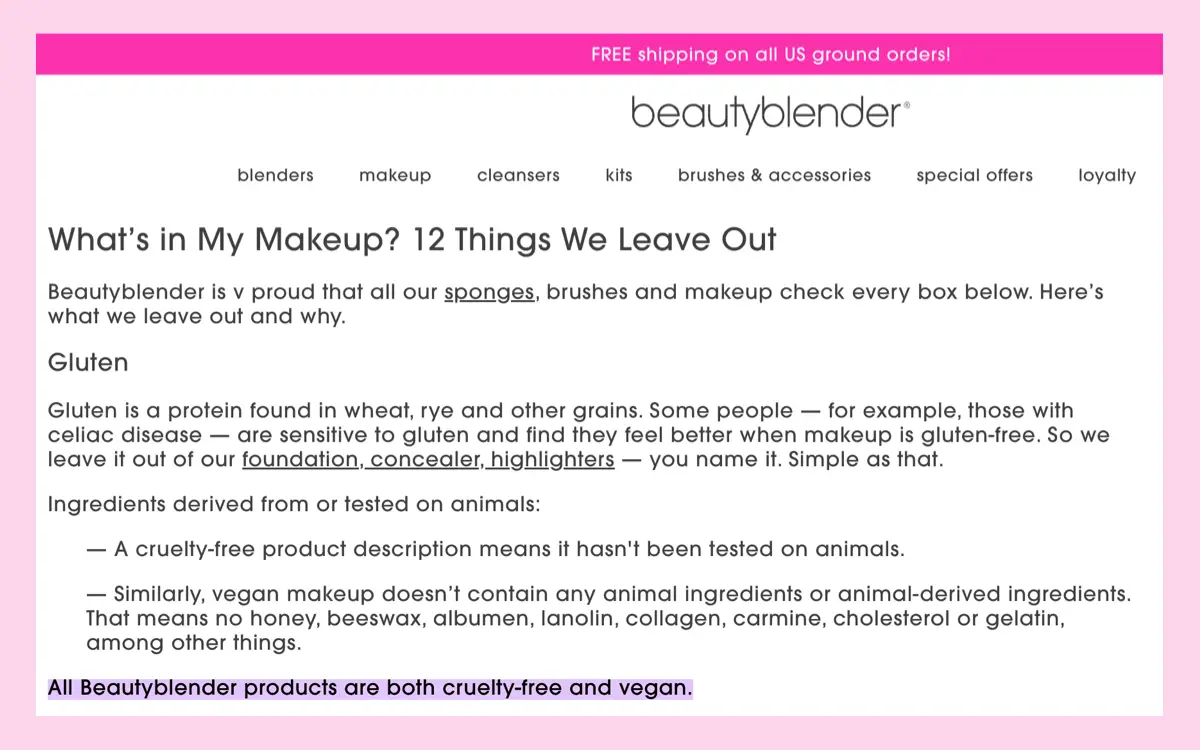 beautyblender cruelty-free and vegan website claim