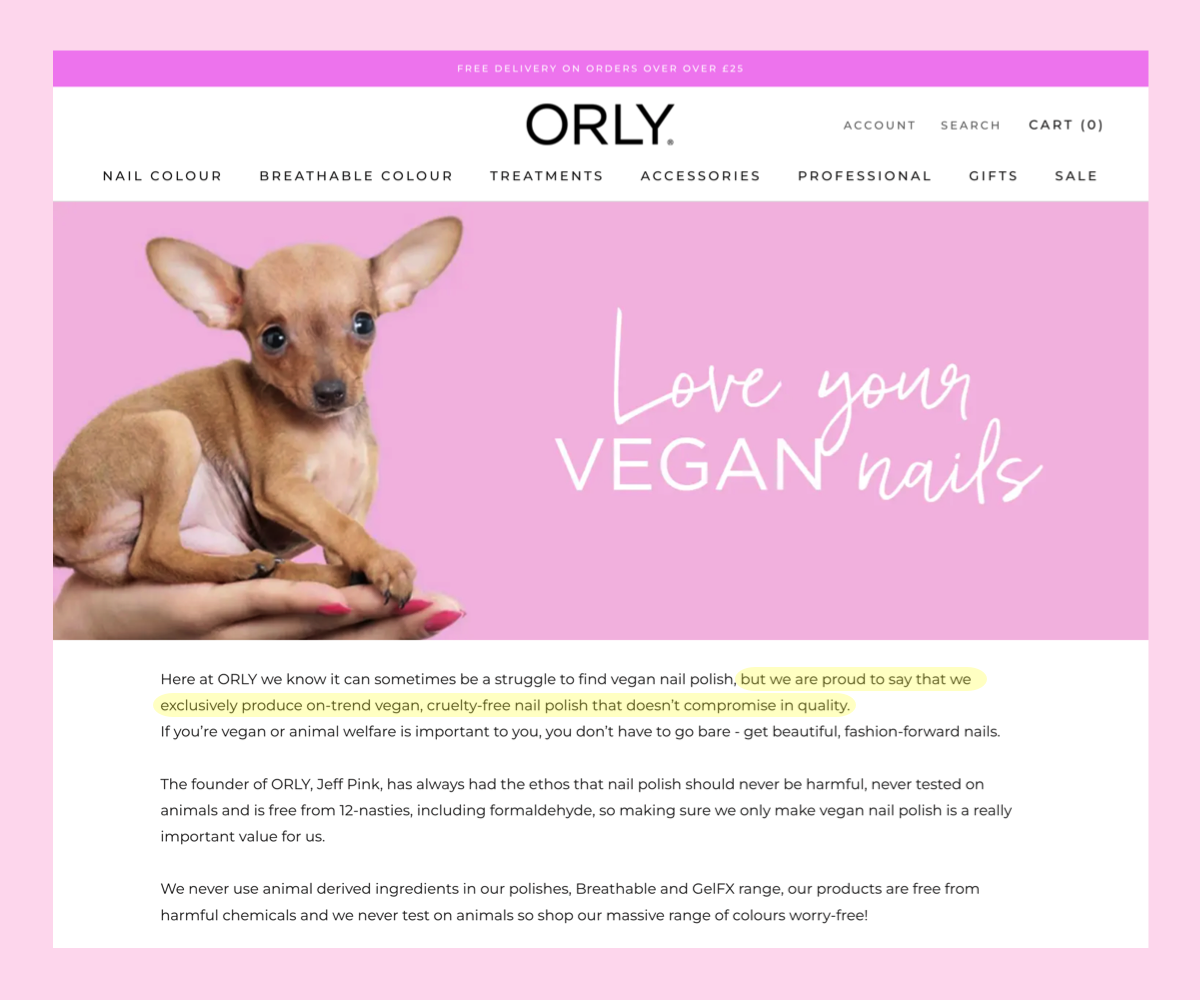 Orly Cruelty-Free and Vegan Website Claim