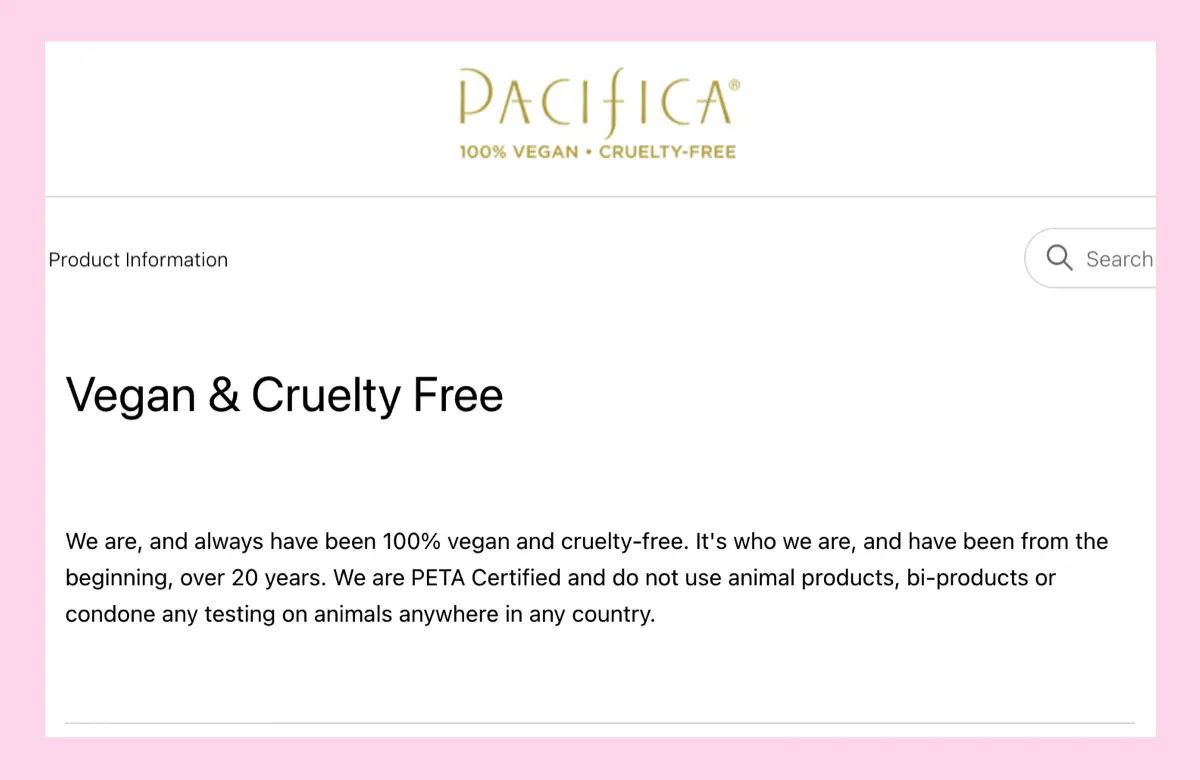 Pacifica Cruelty-Free and Vegan Website Claim 