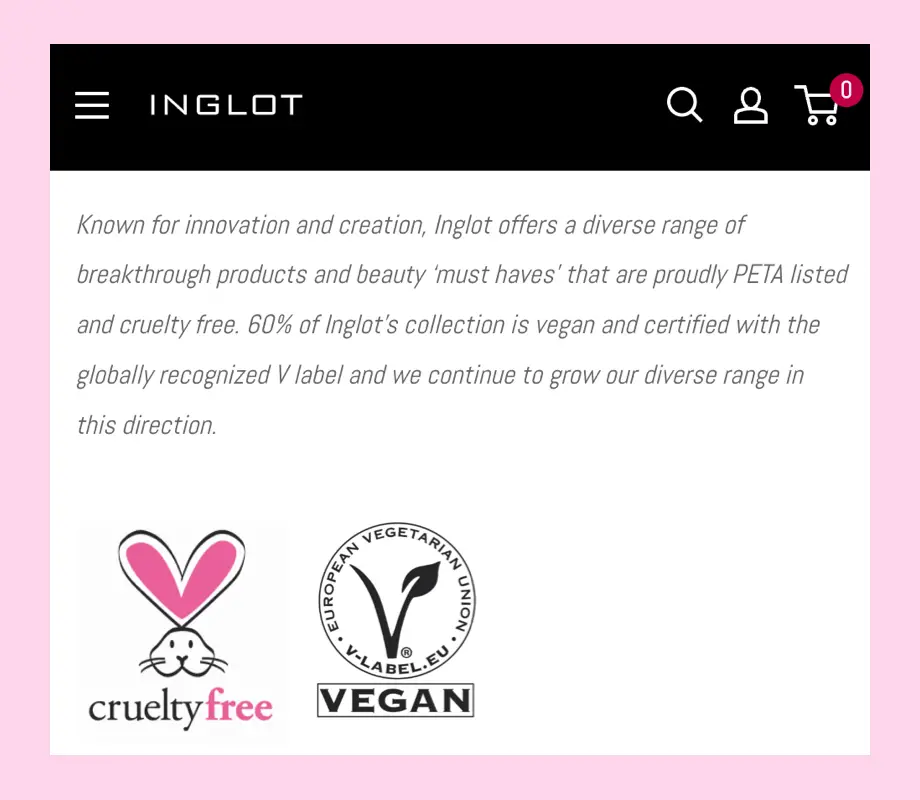 Inglot cruelty-free website claim
