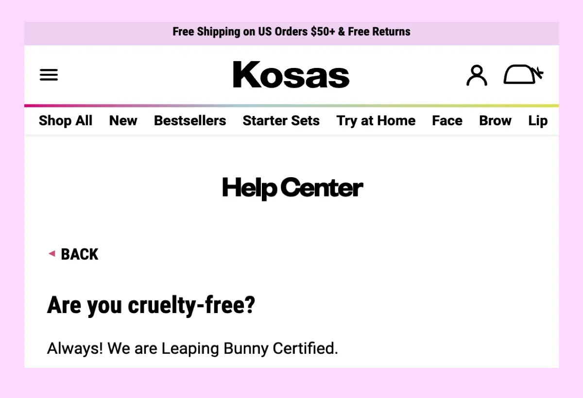 Kosas Cruelty-Free Website Claim