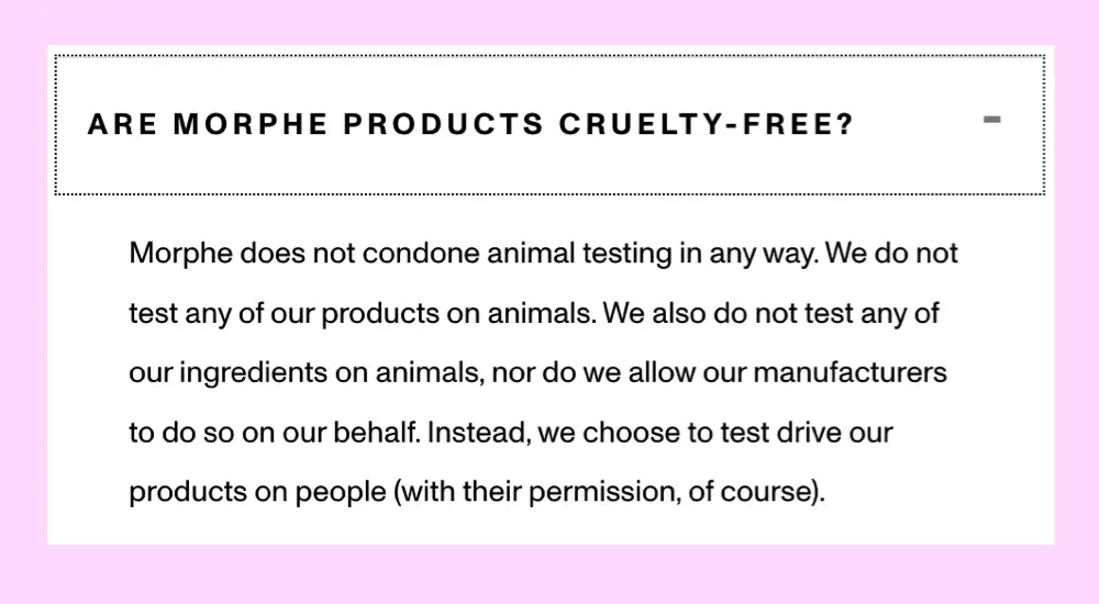 Morphe Cruelty-Free and Vegan website claim 