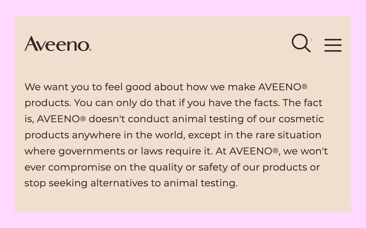 Aveeeno Cruelty-Free Website Claim