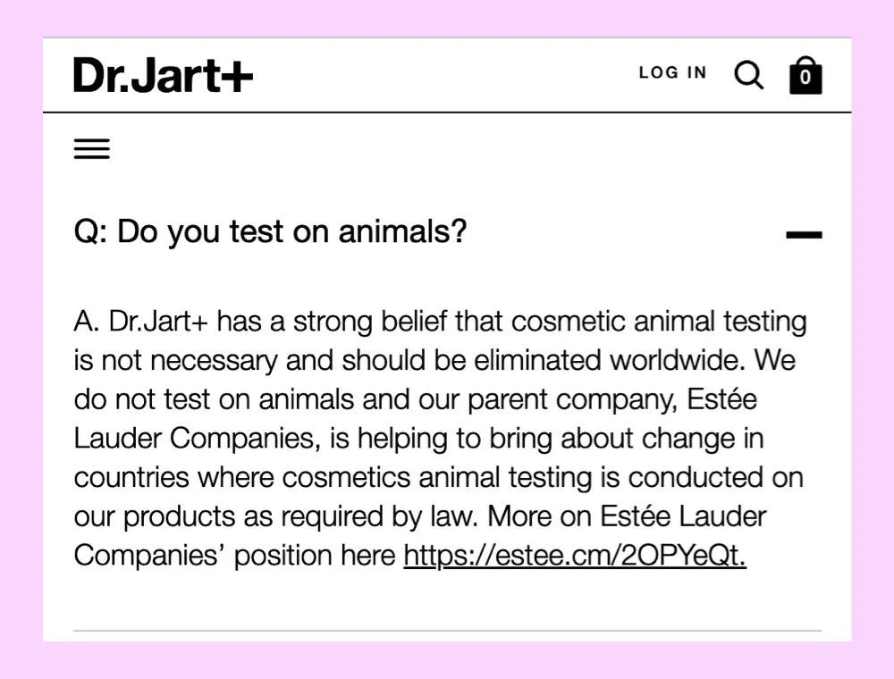 Dr.Jart+ Cruelty-free Website Claim