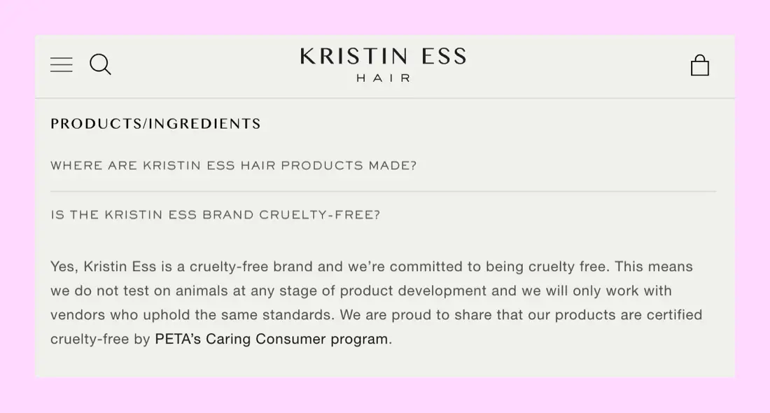 Kristin Ess Website Cruelty-Free Claim
