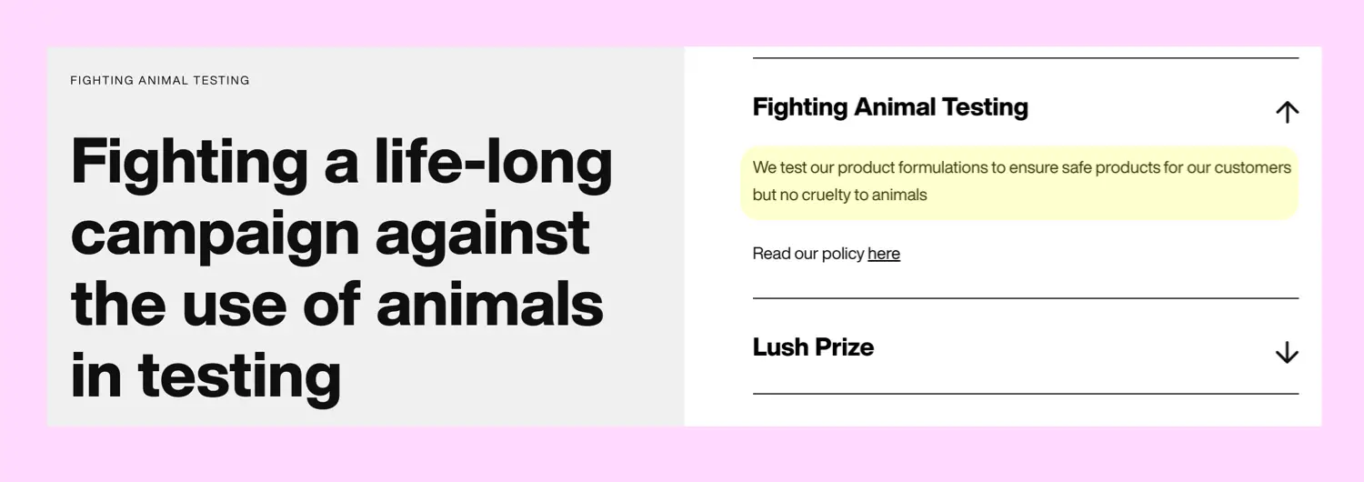 Lush cruelty-free website claim and policy