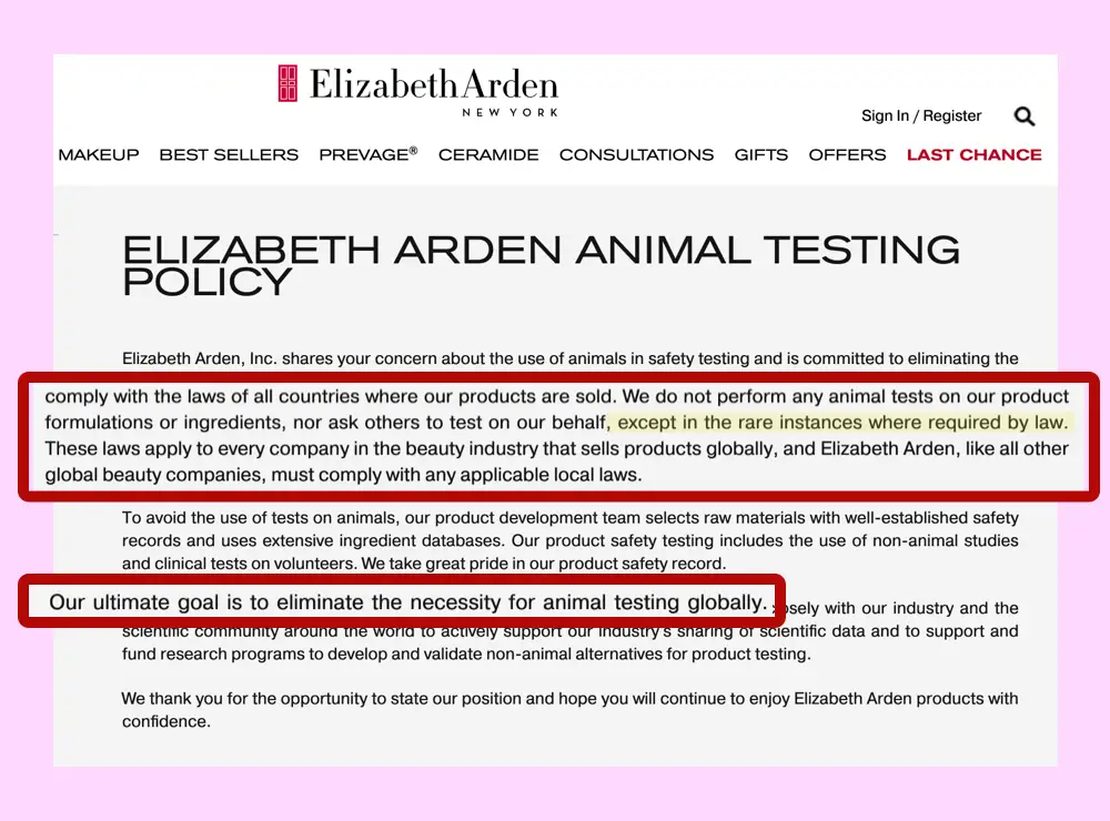 Elizabeth Arden cruelty-free website claim