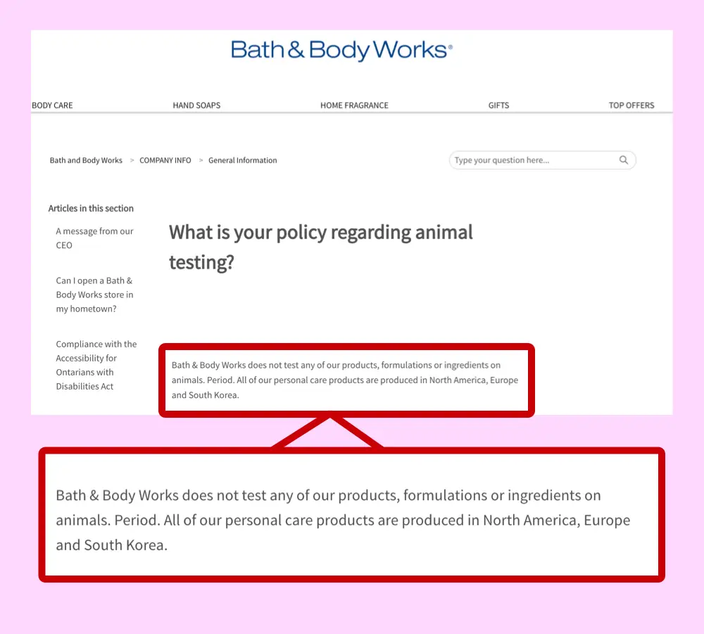 Bath & Body Works cruelty-free website claim