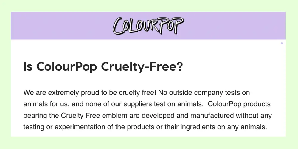 ColourPop Cruelty-Free and Vegan website claim