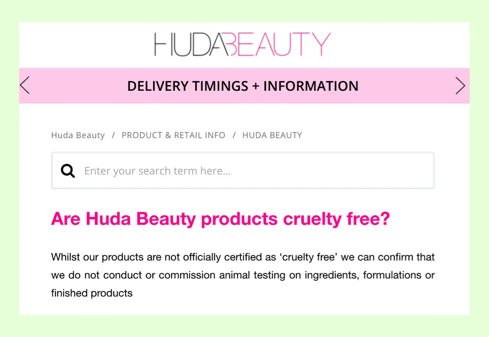 Huda Beauty cruelty-free website claim