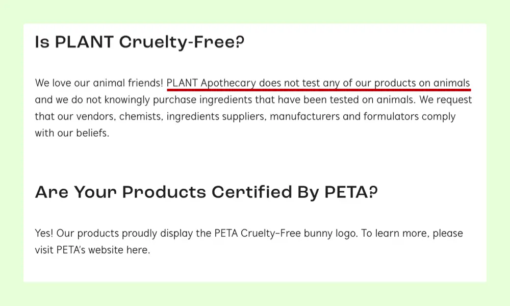 Plant Apothecary cruelty-free and vegan website claim