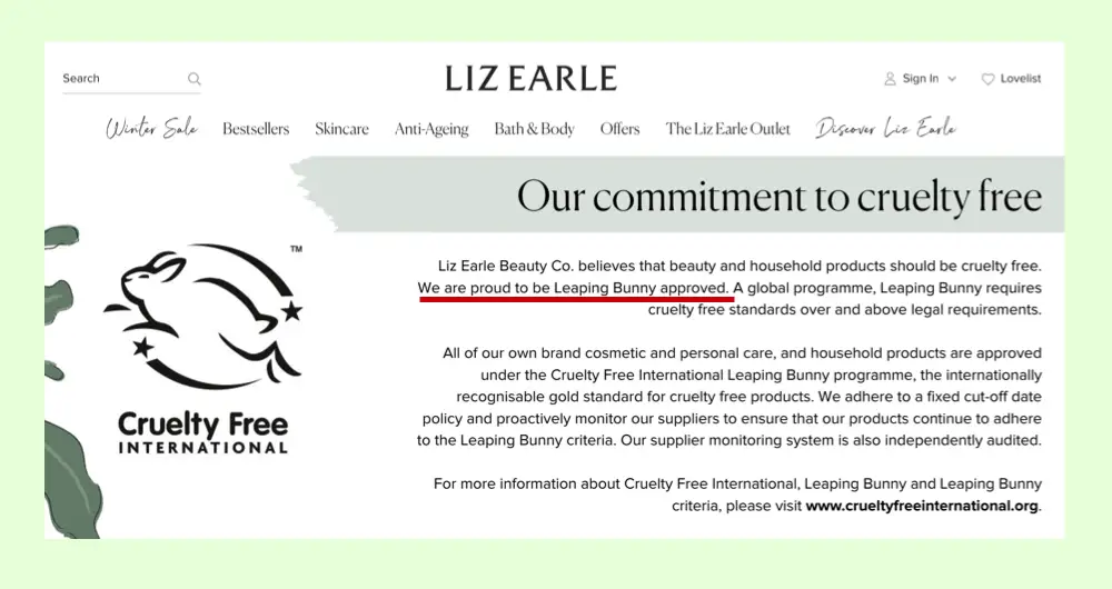 Liz Earle cruelty-free website claim